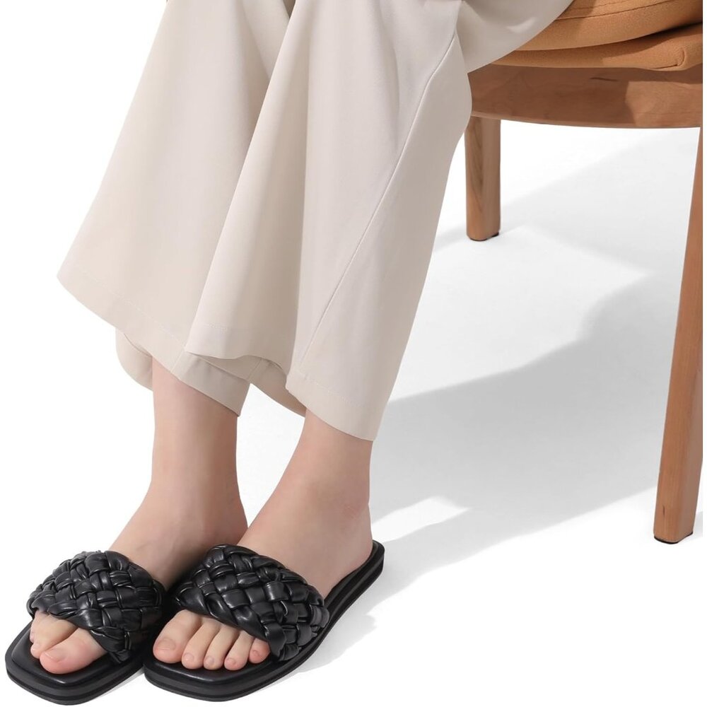 Women's Square Open Toe Slide Sandals Cute Slip on Braided Strap - Picture 5 of 6